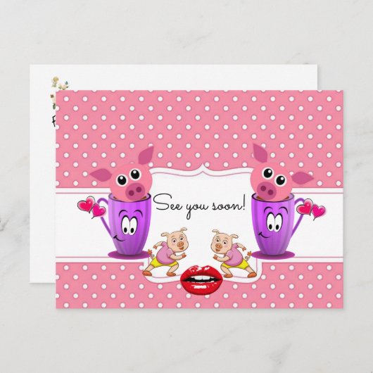 Postcard Rosa Schweine Polk a dot See you soon! Postkarte (Vorne/Hinten)