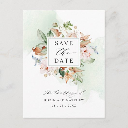 Postcard Save the Date Earthy Blooms Green Wedding Postkarte (Vorderseite)