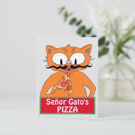 Postcard - Señor Gato's Pizza Funny Mustache Cat Postkarte (Stehend Vorderseite)