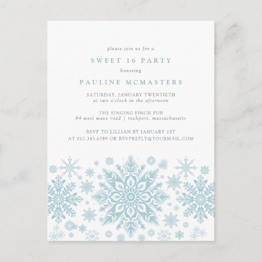 POSTCARD Sweet 16 Blue Snowflake Einladung (Vorderseite)