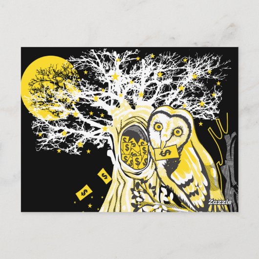 Postcard – Urban Tree Owl & Wealth Surreal Pop-Art Postkarte (Rückseite)
