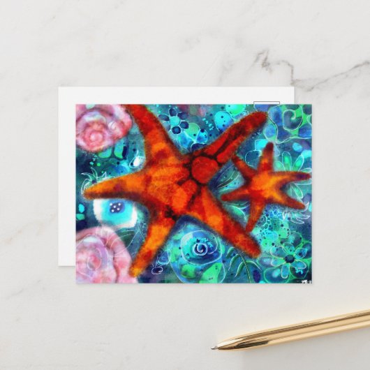 Postcard - Whimsical Starfish Seashells Beach Art Postkarte (Vorderseite/Rückseite Beispiel)