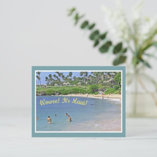 Postcard/ "WOWEE! ES IST MAUI! / STRAND & PALM BÄU Postkarte (Stehend Vorderseite)
