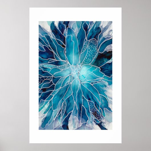 Poster - Alcohol Ink Art Blue White Flower (Vorne)
