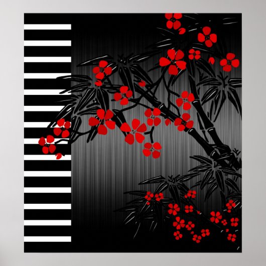 Poster Asian Red Schwarz-weiß Bamboo Floral (Vorne)