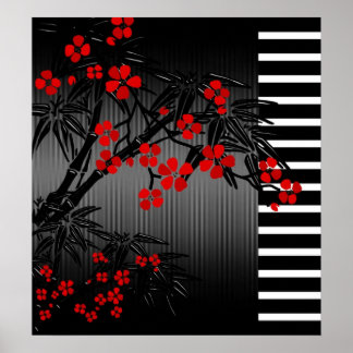 Poster Asian Red Schwarz-weiß Bamboo Floral 2