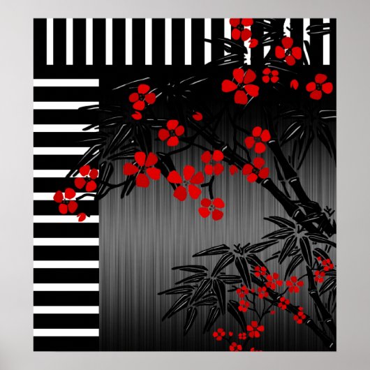 Poster Asian Red Schwarz-weiß Bamboo Floral 3 (Vorne)
