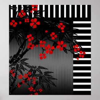 Poster Asian Red Schwarz-weiß Bamboo Floral 4