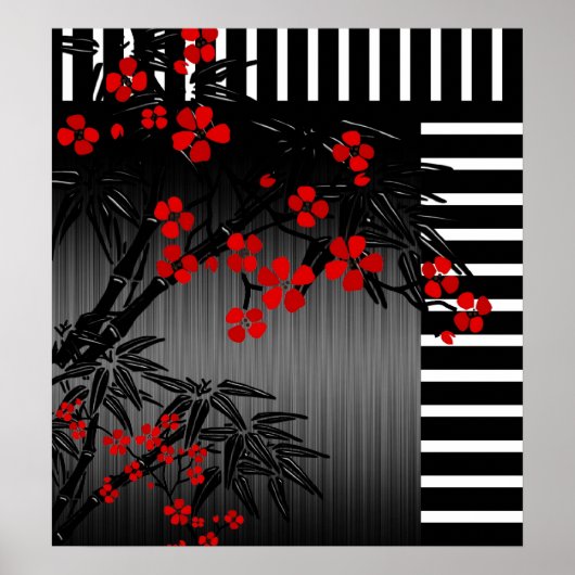 Poster Asian Red Schwarz-weiß Bamboo Floral 4 (Vorne)