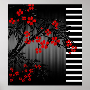 Poster Asian Rot Schwarz Weiß Bambus Floral 2