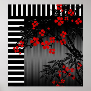 Poster Asian Rot Schwarz Weiß Bambus Floral 3