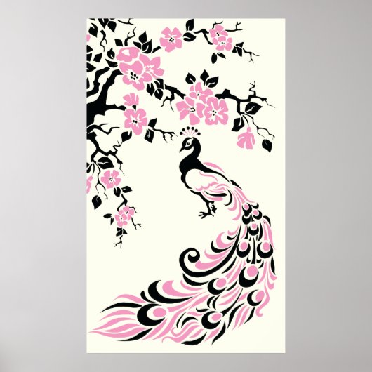 Poster aus schwarzem Rosa Pfau und Kirschblüten (Vorne)