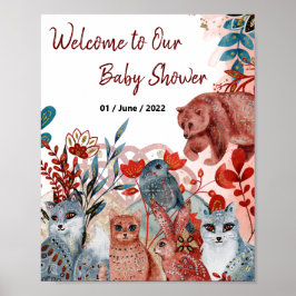 Poster Babydusche rot und blau mit Tieren