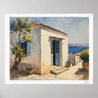 Poster Blaues Tür Meer Haus