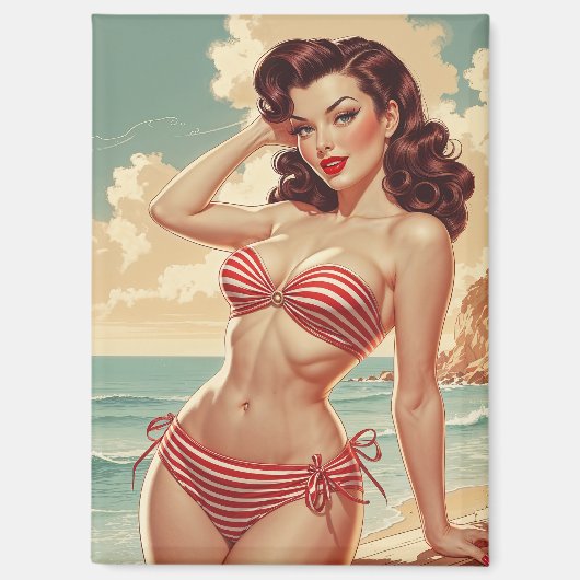 Poster Button-Up Braun in Rot-Weiß-Bikini Magnet (Vorderseite)