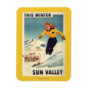 Poster einer rothaarigen Frau, die lächelt und Ski Magnet