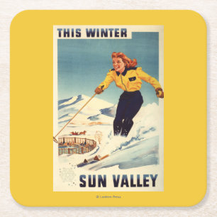 Poster einer rothaarigen Frau, die lächelt und Ski Rechteckiger Pappuntersetzer