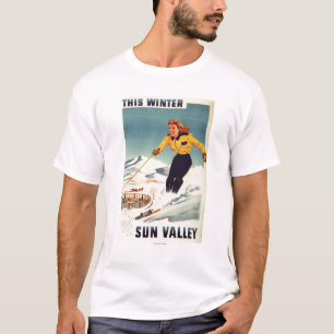 Poster einer rothaarigen Frau, die lächelt und Ski T-Shirt