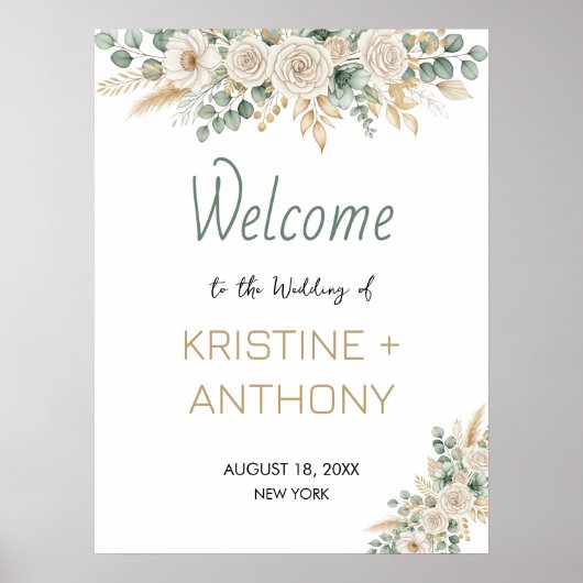 Poster Elegante Blush Bloral Hochzeit Begrüßungsze (Vorne)