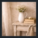Poster French Country Farmhouse Table<br><div class="desc">This French country farmhouse poster features a rustic wooden table styled with a white ceramic pitcher filled with delicate flowers, vintage books, and a soft tassel garland. The warm neutral tones and gentle textures create a calm cottage atmosphere inspired by classic French farmhouse interiors. Perfect for farmhouse kitchens, bedrooms, entryways,...</div>