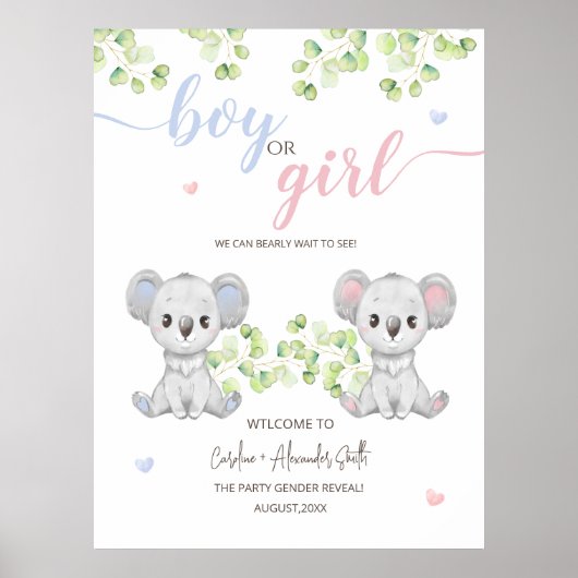 Poster für das Koala Gender Reveal Party. (Vorne)