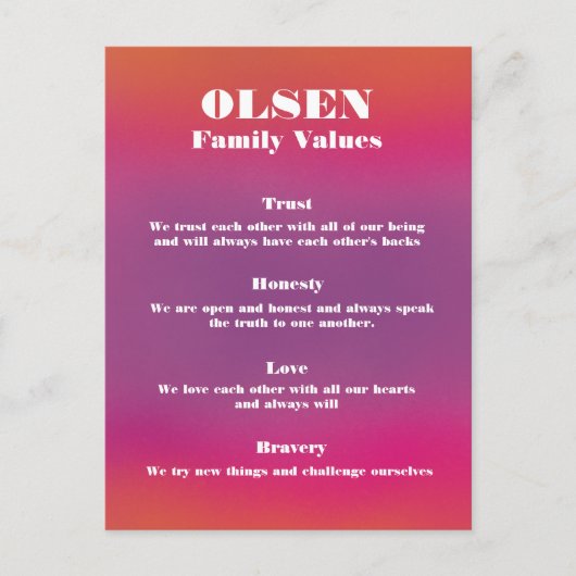 Poster für die Werte von Familiennamen individuell Postkarte (Vorderseite)