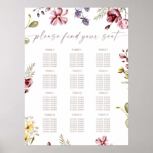 Poster für Wildblumen-Geburtstags-Sitzplan (Vorne)
