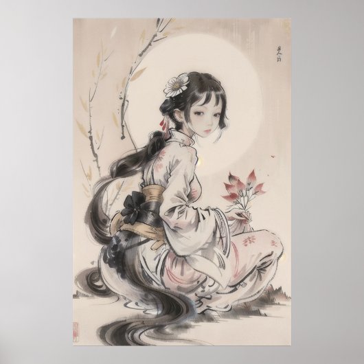 Poster Gueixa e Lua - Arte Tradicional Chinesa (Vorne)