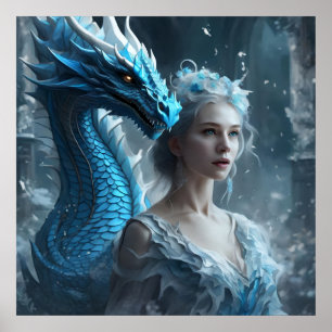Poster - Hellblauer Drache und Mädchen AI-Bild