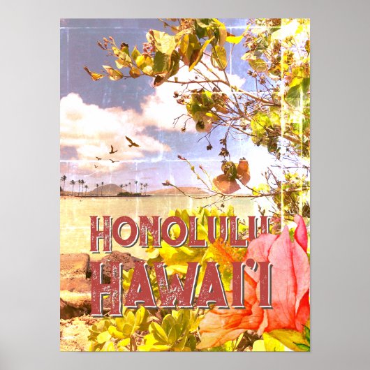Poster - Honolulu Hawaii mit Hibiskus (Vorne)