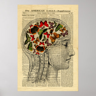 Poster Human Head Brain Butterfells auf Zeitung