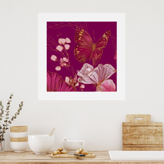 Poster im Quadrat mit rosa Schmetterlingssammlung (Küche)