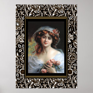 Poster Kunst Vintage Dame mit rosa Rosen
