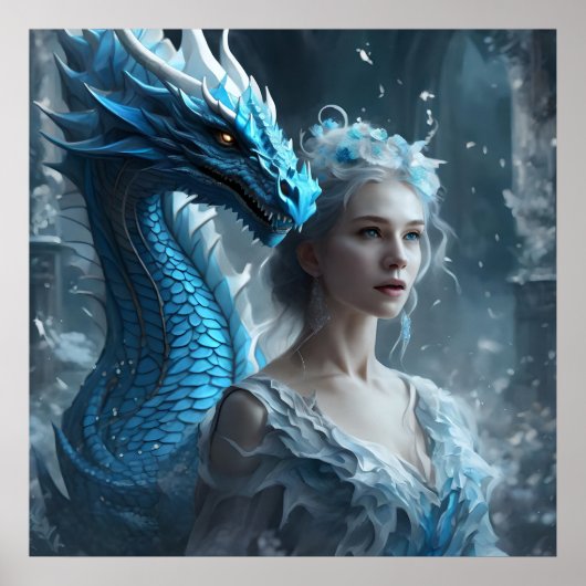 Poster - Light Ice Blue Dragon and Girl AI Image (Vorne)