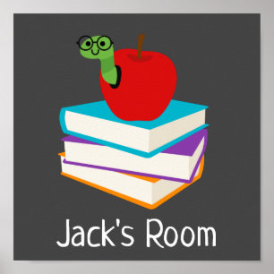 Poster mit dem Namen "Kid's Room" mit Bücherwurm