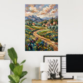 Poster mit Landschaft des Bergdorfes und Wildblume (Heimbüro)