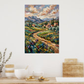 Poster mit Landschaft des Bergdorfes und Wildblume (Küche)