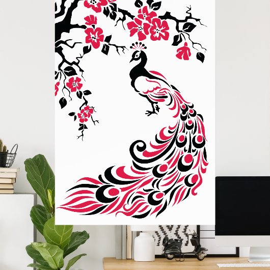 Poster mit schwarzem rotem Pfau und Kirschblüten (Heimbüro)
