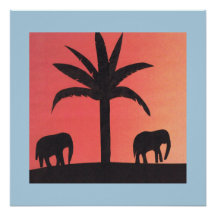 Poster mit Silhouetten von Elefanten und einem Pal