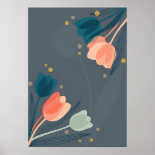 Poster mit Tulpen in Korallenrot und Teal aus der
