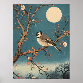 Poster – Mondbeschienener Vogel auf einem Blütenzw