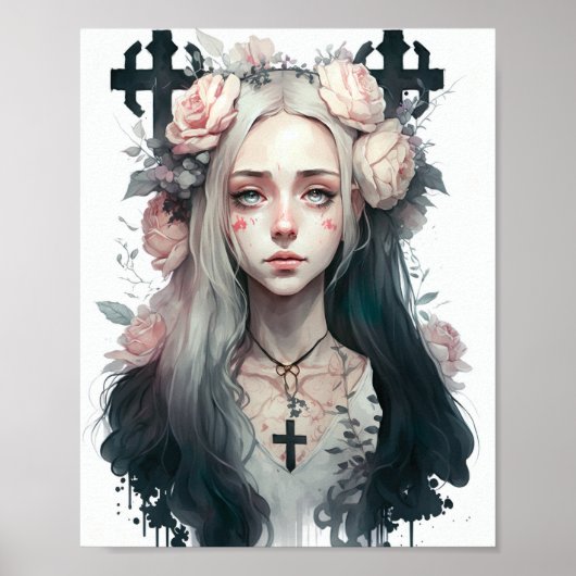 Poster of a Creepy Girl - Gothic Flowers (Vorne)