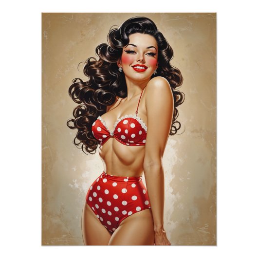 Poster Pinup Brune in Bikini Rouge in Erbsen (Vorderseite)