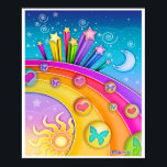 Poster, Prints - Retro Pop Art Sixties Sky Poster<br><div class="desc">Eine helle und farbenfrohe Retro-Pop-Kunst im Stil der 60er Jahre von morgens bis abends mit Sternen,  Mond,  Sonne und Regenbogen.</div>
