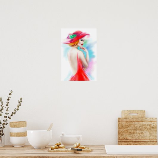 Poster schöne Frau in rotem Hut und Kleid (Küche)