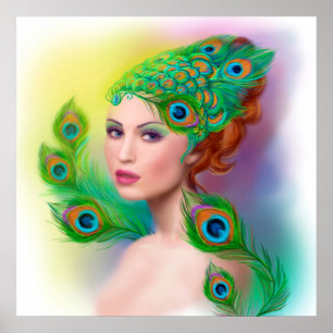 Poster Schöne Mode Federfrau Peacock