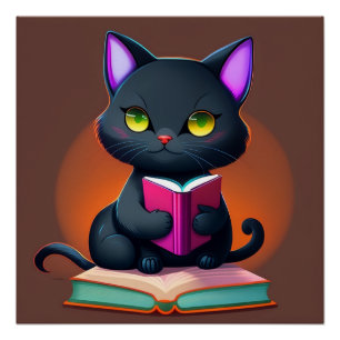 Poster Schwarze Katze liest ein Buch