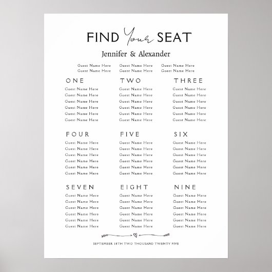 Poster-Sitzplan 9 Tische Hochzeit Poster (Vorne)