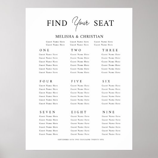 Poster-Sitzplan 9 Tische Hochzeit Poster (Vorne)