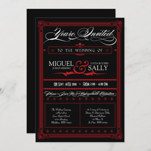 Poster Style Red & Black DIY Einladung Hochzeit (Vorne/Hinten)